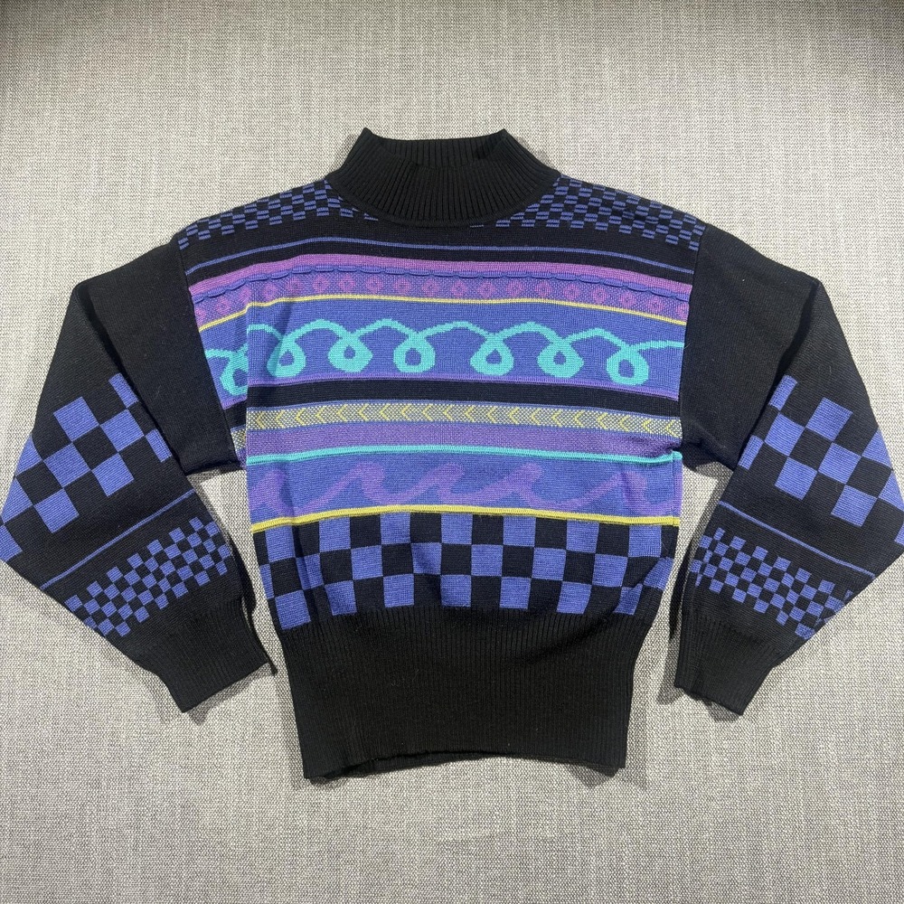 Vintage Demetre Sweater Womens Small Multicolor Geometric Mock Neck 80s Ski Knit - Picture 1 of 6